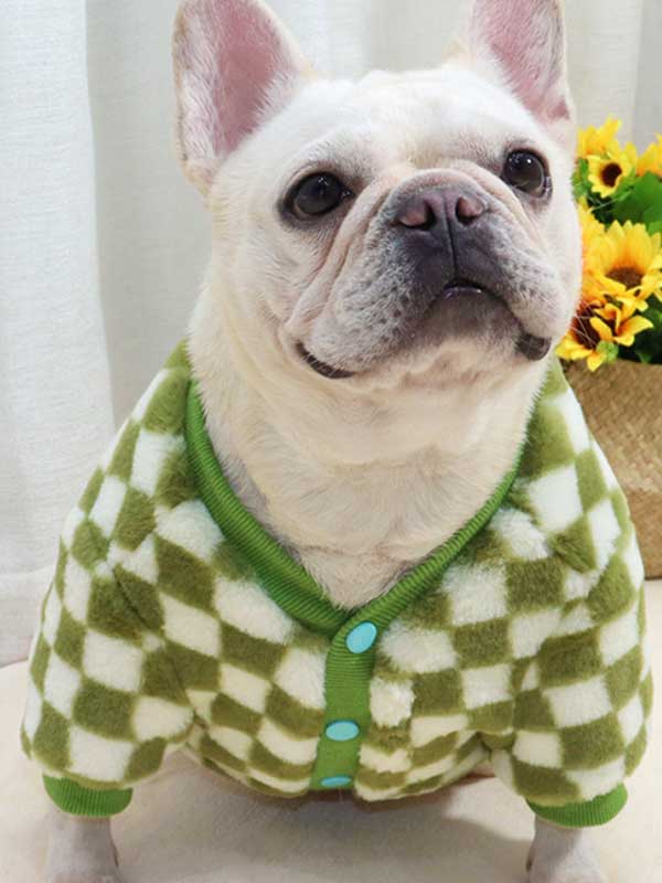 GMTPET Green and white checkerboard fat dog bulldog pug dog French fighting winter clothes plus velvet thick cardigan plush sweater 107-222039 www.gmtpet.shop
